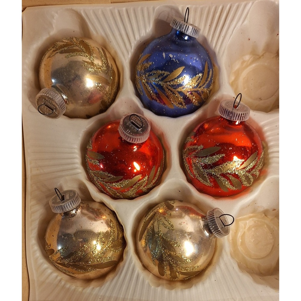 Lot Of 6 Vtg Kmart German Glass Xmas Ornaments Glitter‎ Stencil Leaves 2 Inches
